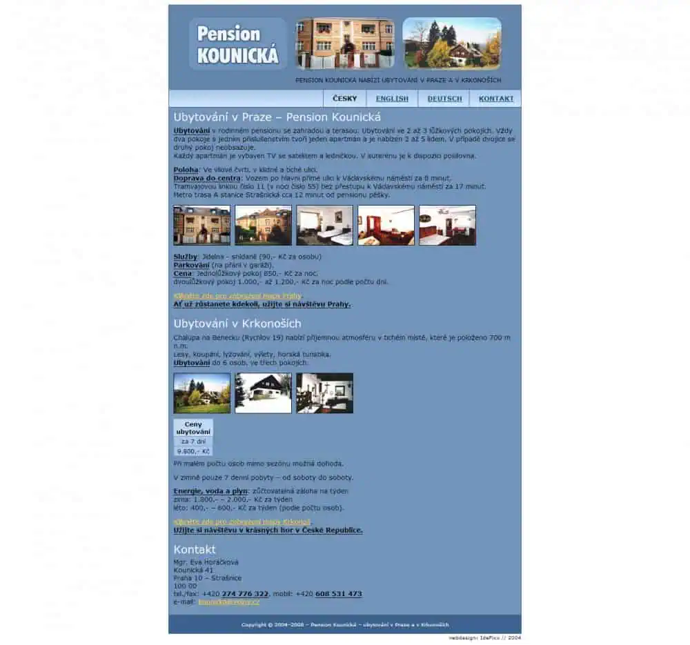 Web design IdeFixx 2004 Ubytovani V Praze Pension Kounicka Nabizi Ubytovani V Praze A V Krkonosich